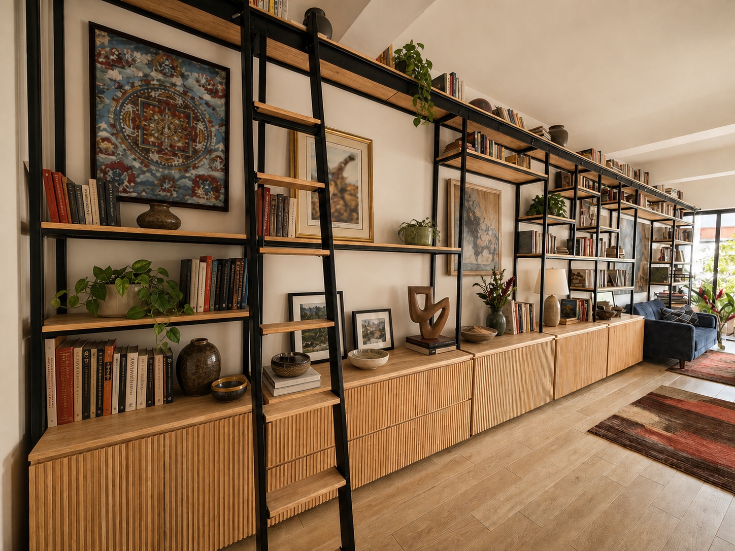 Completed wall-length wooden library in a lived-in Singapore home