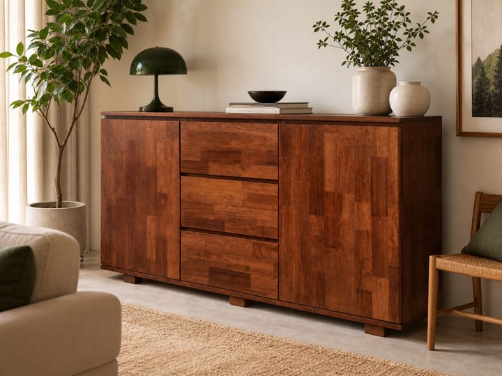 Wide solid-wood living room storage cabinet with cupboards and drawers.
